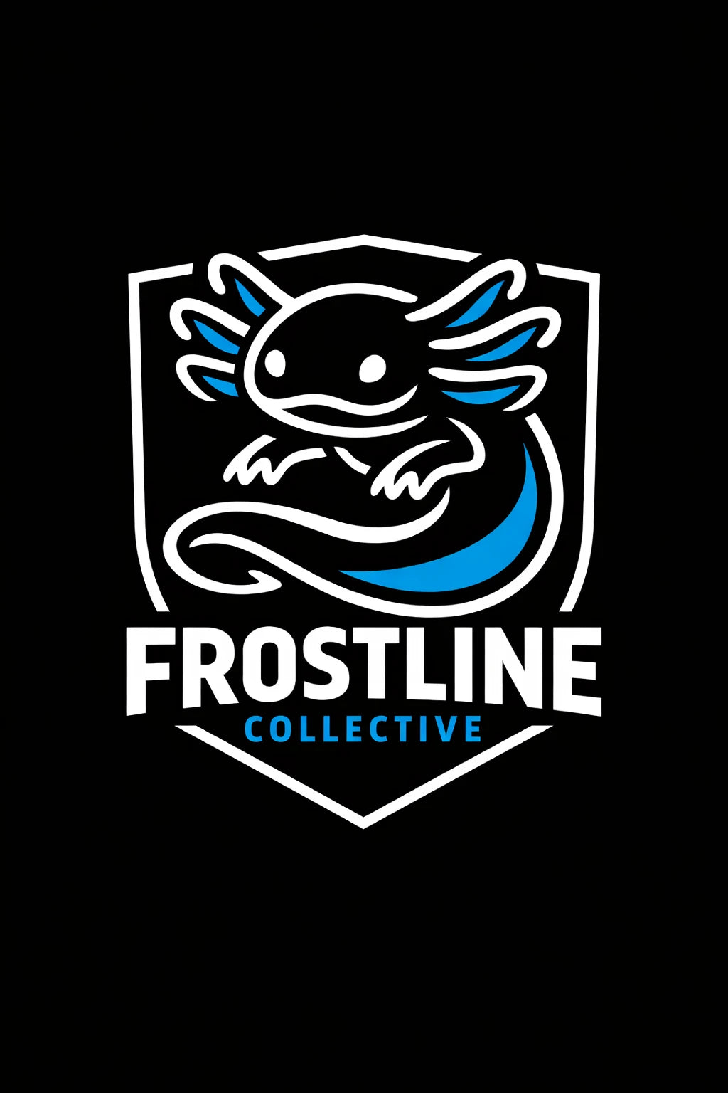 Example output from the Modern Iconic Mascot Logo Designs ChatGPT prompt: a Frostline Collective logo with a continuous-line axolotl in white and blue inside a shield, on a black background.