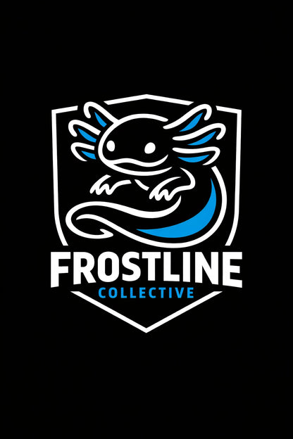 Example output from the Modern Iconic Mascot Logo Designs ChatGPT prompt: a Frostline Collective logo with a continuous-line axolotl in white and blue inside a shield, on a black background.