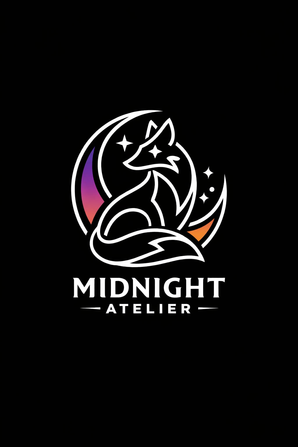 Example output from the Modern Iconic Mascot Logo Designs ChatGPT prompt: a Midnight Atelier logo with a continuous-line fox curled inside a circle with a crescent moon, on a black background.