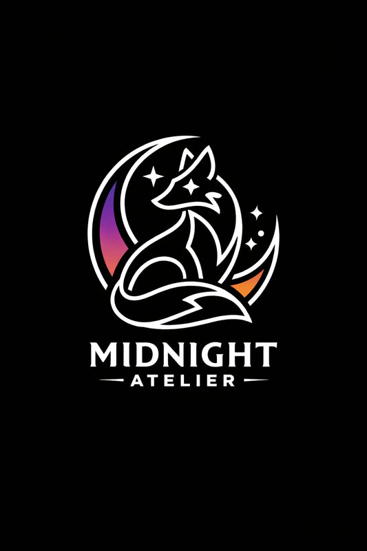 Example output from the Modern Iconic Mascot Logo Designs ChatGPT prompt: a Midnight Atelier logo with a continuous-line fox curled inside a circle with a crescent moon, on a black background.
