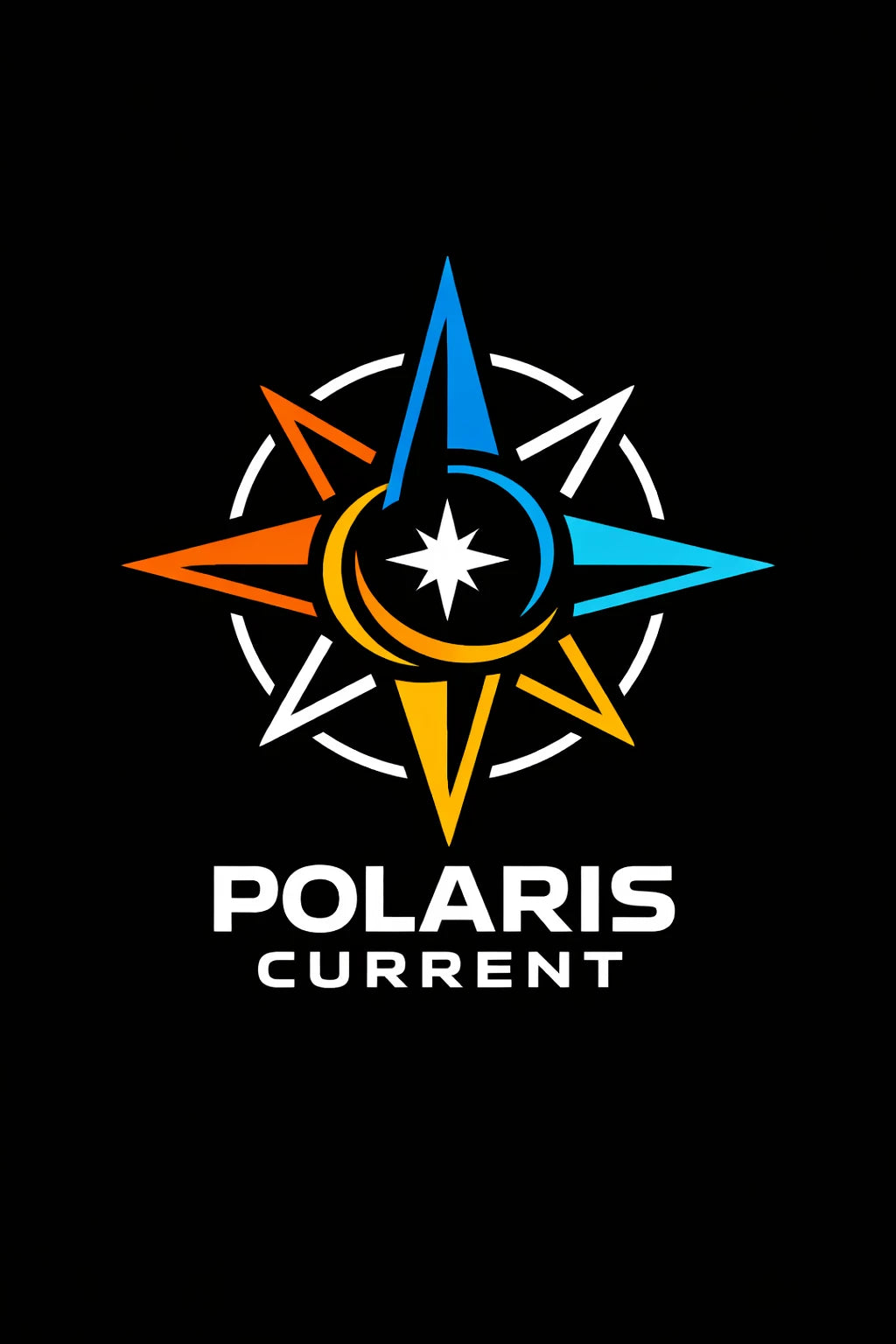 Example output from the Modern Iconic Mascot Logo Designs ChatGPT prompt: a Polaris Current logo with a compass star in blue, orange and yellow gradients, on a black background.