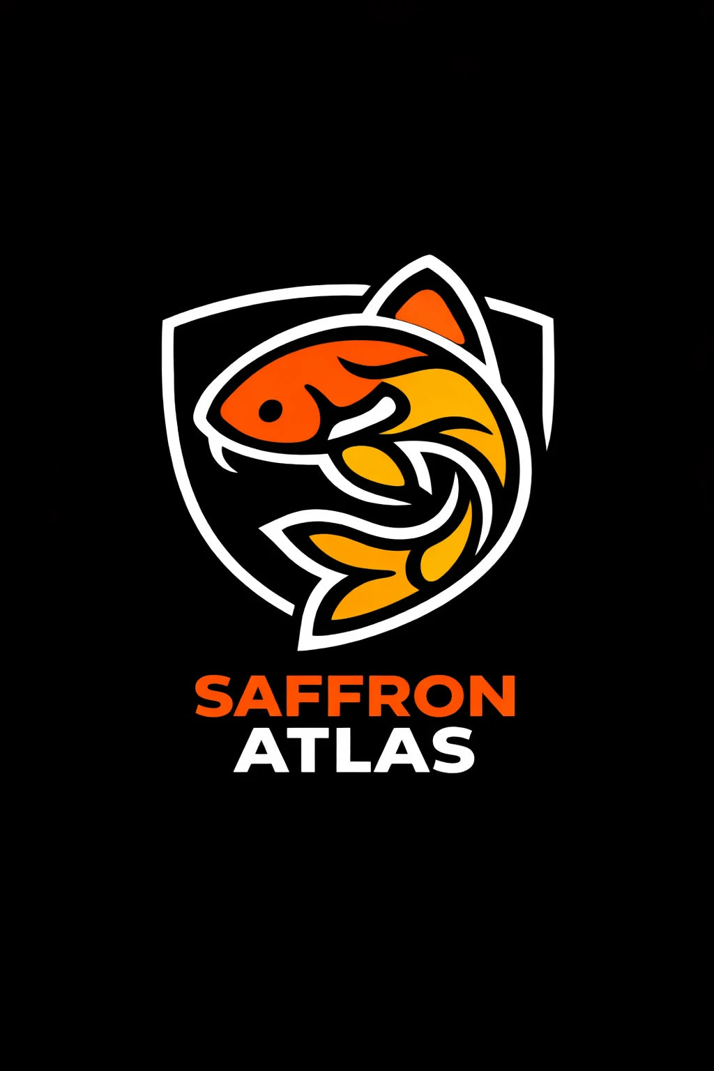 Example output from the Modern Iconic Mascot Logo Designs ChatGPT prompt: a Saffron Atlas logo with a line-art koi fish in orange and yellow gradients inside a shield, on a black background.