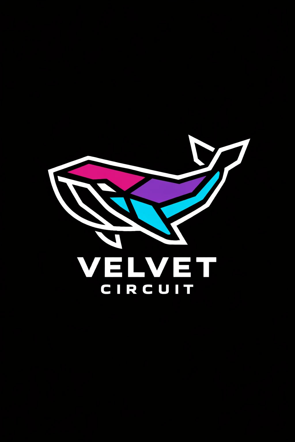 Example output from the Modern Iconic Mascot Logo Designs ChatGPT prompt: a Velvet Circuit logo with a faceted line-art whale in pink, purple and blue gradients, on a black background.