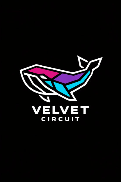 Example output from the Modern Iconic Mascot Logo Designs ChatGPT prompt: a Velvet Circuit logo with a faceted line-art whale in pink, purple and blue gradients, on a black background.