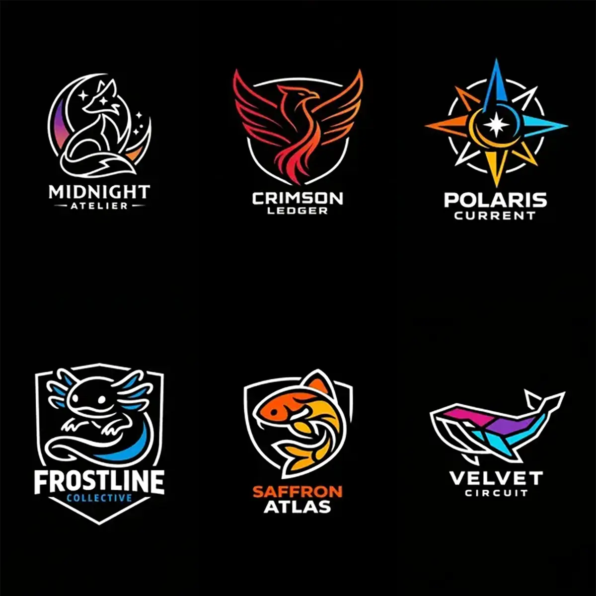 Example output from the Modern Iconic Mascot Logo Designs ChatGPT prompt: a six-logo grid of continuous-line mascot marks on black, showing a fox, phoenix, compass star, axolotl, koi fish and whale in white with gradient color accents.