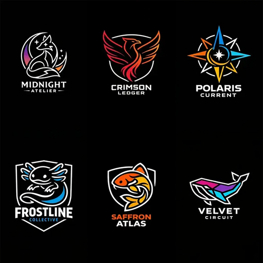 Example output from the Modern Iconic Mascot Logo Designs ChatGPT prompt: a six-logo grid of continuous-line mascot marks on black, showing a fox, phoenix, compass star, axolotl, koi fish and whale in white with gradient color accents.