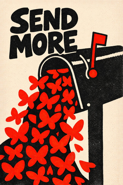 Example output from the Modern Naive Flat Poster Design ChatGPT prompt: a poster reading Send More, with red butterflies pouring out of a black mailbox in flat three-color risograph style.