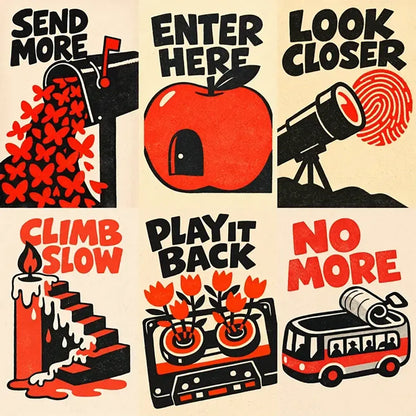 Example output from the Modern Naive Flat Poster Design ChatGPT prompt: a six-poster grid of naive flat-vector illustrations in a red, black and cream risograph palette, reading Send More, Enter Here, Look Closer, Climb Slow, Play It Back and No More.