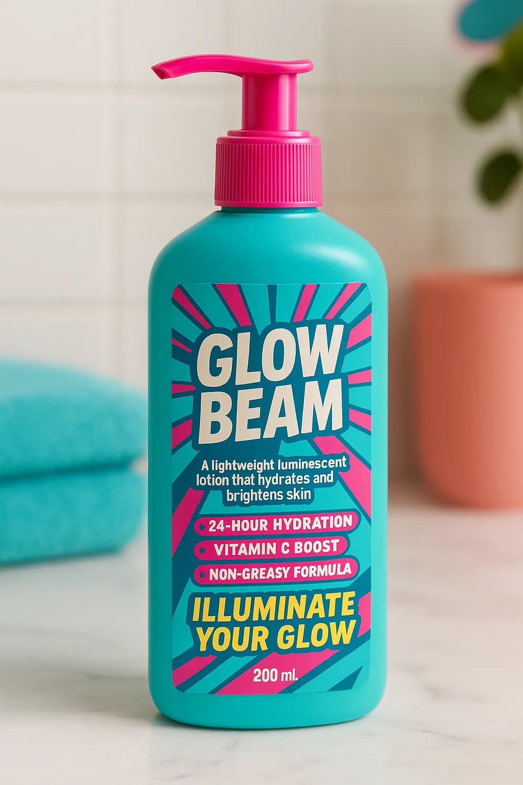 Example output from the Modern Pop Art Label Mockups ChatGPT prompt: bold, vibrant product packaging. Glow Beam.