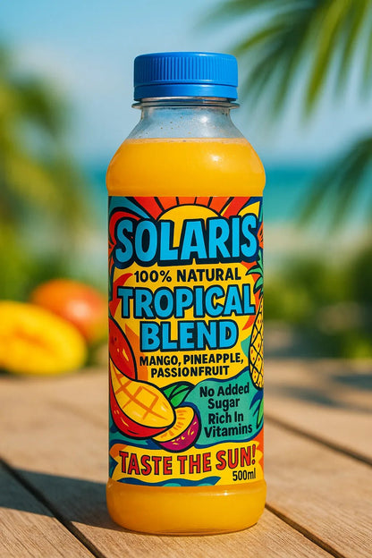 Example output from the Modern Pop Art Label Mockups ChatGPT prompt: bold, vibrant product packaging. Tropical Blend.