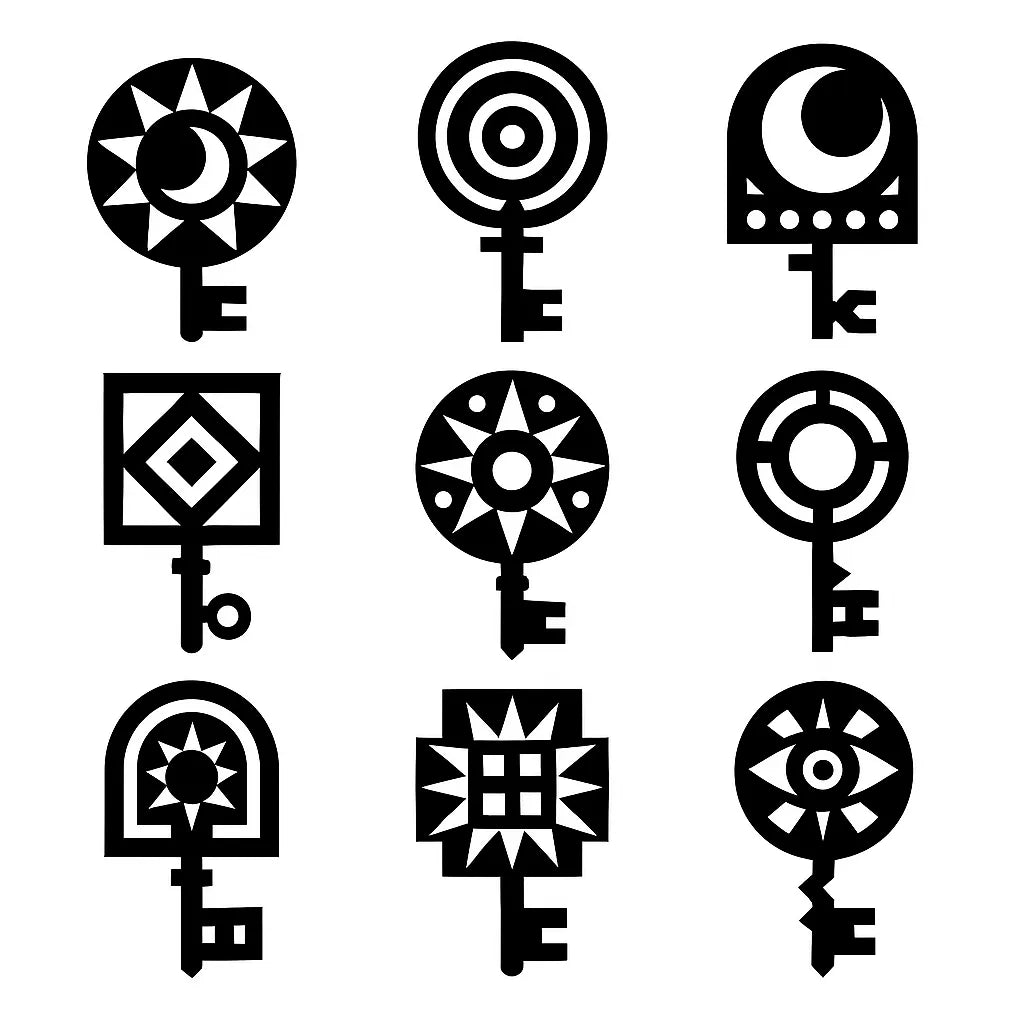 Example output from the Modular Geometric Symbol Designs ChatGPT prompt: 3×3 grid of high-contrast black-and-white icon designs, featuring layered symmetry, sharp vector shapes, and clean monochrome presentation. Keys.