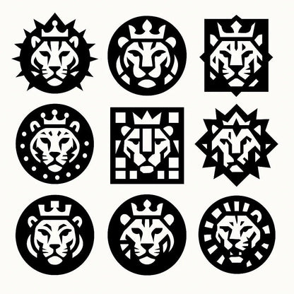 Example output from the Modular Geometric Symbol Designs ChatGPT prompt: 3×3 grid of high-contrast black-and-white icon designs, featuring layered symmetry, sharp vector shapes, and clean monochrome presentation. Lion.