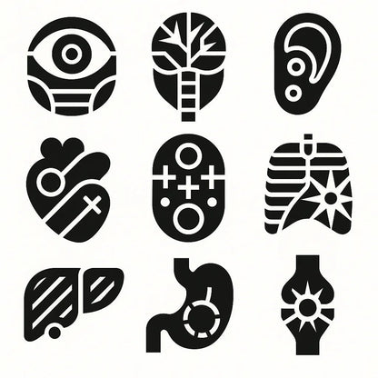 Example output from the Modular Geometric Symbol Designs ChatGPT prompt: 3×3 grid of high-contrast black-and-white icon designs, featuring layered symmetry, sharp vector shapes, and clean monochrome presentation. Organs.