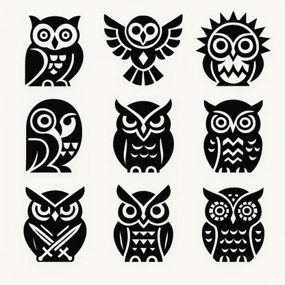 Example output from the Modular Geometric Symbol Designs ChatGPT prompt: 3×3 grid of high-contrast black-and-white icon designs, featuring layered symmetry, sharp vector shapes, and clean monochrome presentation. Owl.