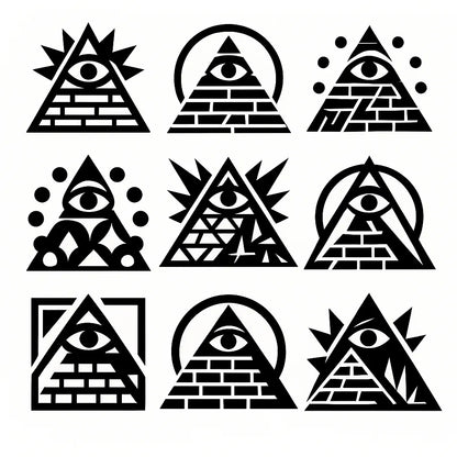 Example output from the Modular Geometric Symbol Designs ChatGPT prompt: 3×3 grid of high-contrast black-and-white icon designs, featuring layered symmetry, sharp vector shapes, and clean monochrome presentation. Pyramid.