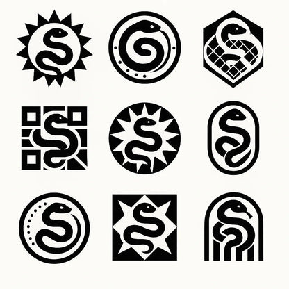 Example output from the Modular Geometric Symbol Designs ChatGPT prompt: 3×3 grid of high-contrast black-and-white icon designs, featuring layered symmetry, sharp vector shapes, and clean monochrome presentation. Snake.