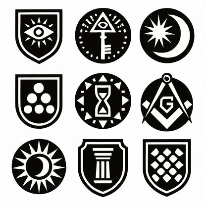 Example output from the Modular Geometric Symbol Designs ChatGPT prompt: 3×3 grid of high-contrast black-and-white icon designs, featuring layered symmetry, sharp vector shapes, and clean monochrome presentation. Symbols.