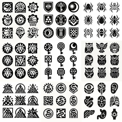 Example output from the Modular Geometric Symbol Designs ChatGPT prompt: 3×3 grid of high-contrast black-and-white icon designs, featuring layered symmetry, sharp vector shapes, and clean monochrome presentation.