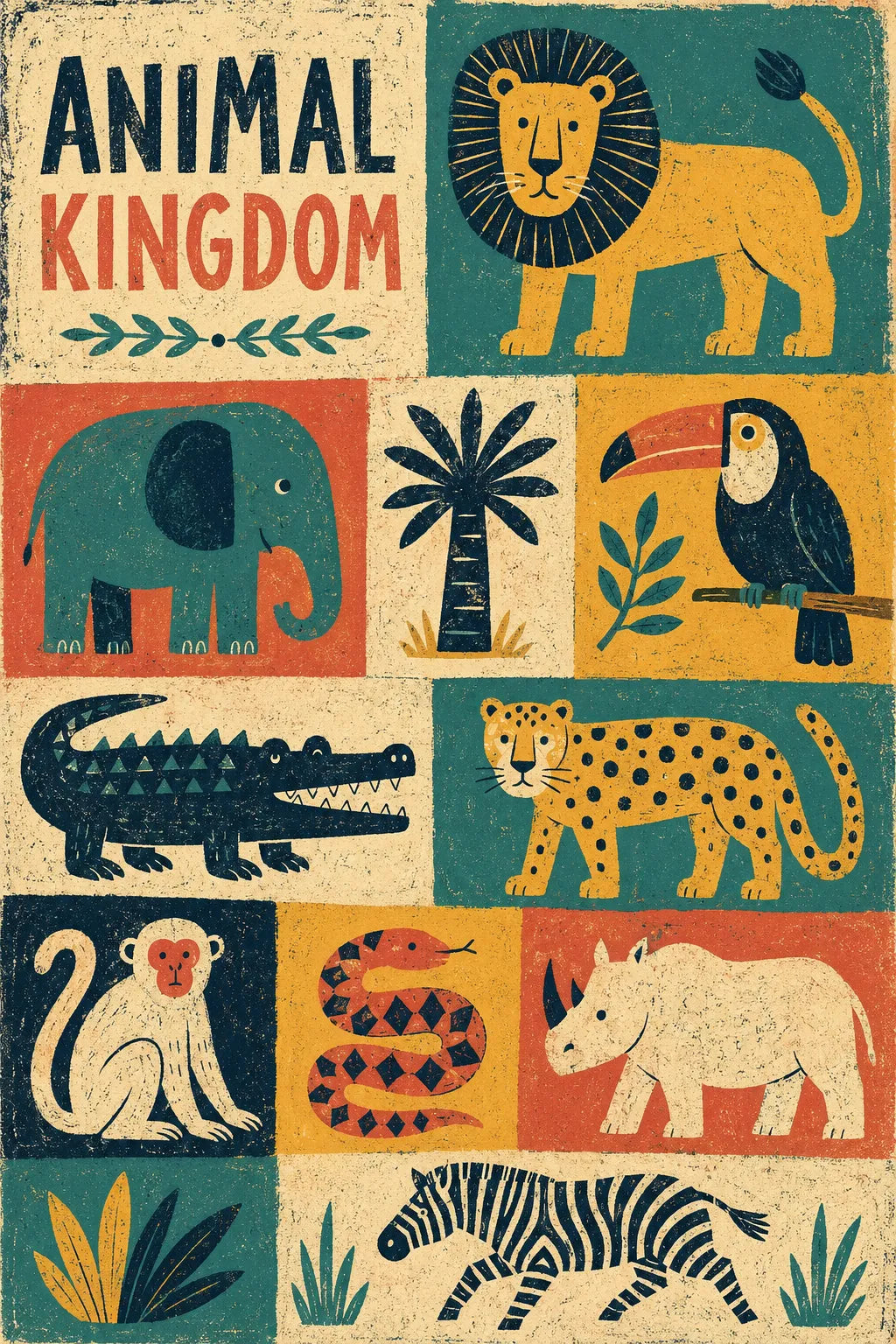 Example output from the Modular Retro Collage Posters ChatGPT prompt: an Animal Kingdom modular poster with lion, elephant, toucan, crocodile, leopard, monkey and zebra symbols in retro print texture.