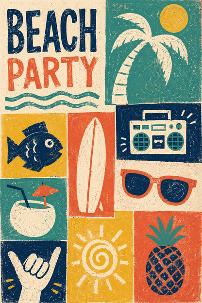 Example output from the Modular Retro Collage Posters ChatGPT prompt: a Beach Party modular poster with palm tree, surfboard, boombox, sunglasses, pineapple and coconut drink symbols.