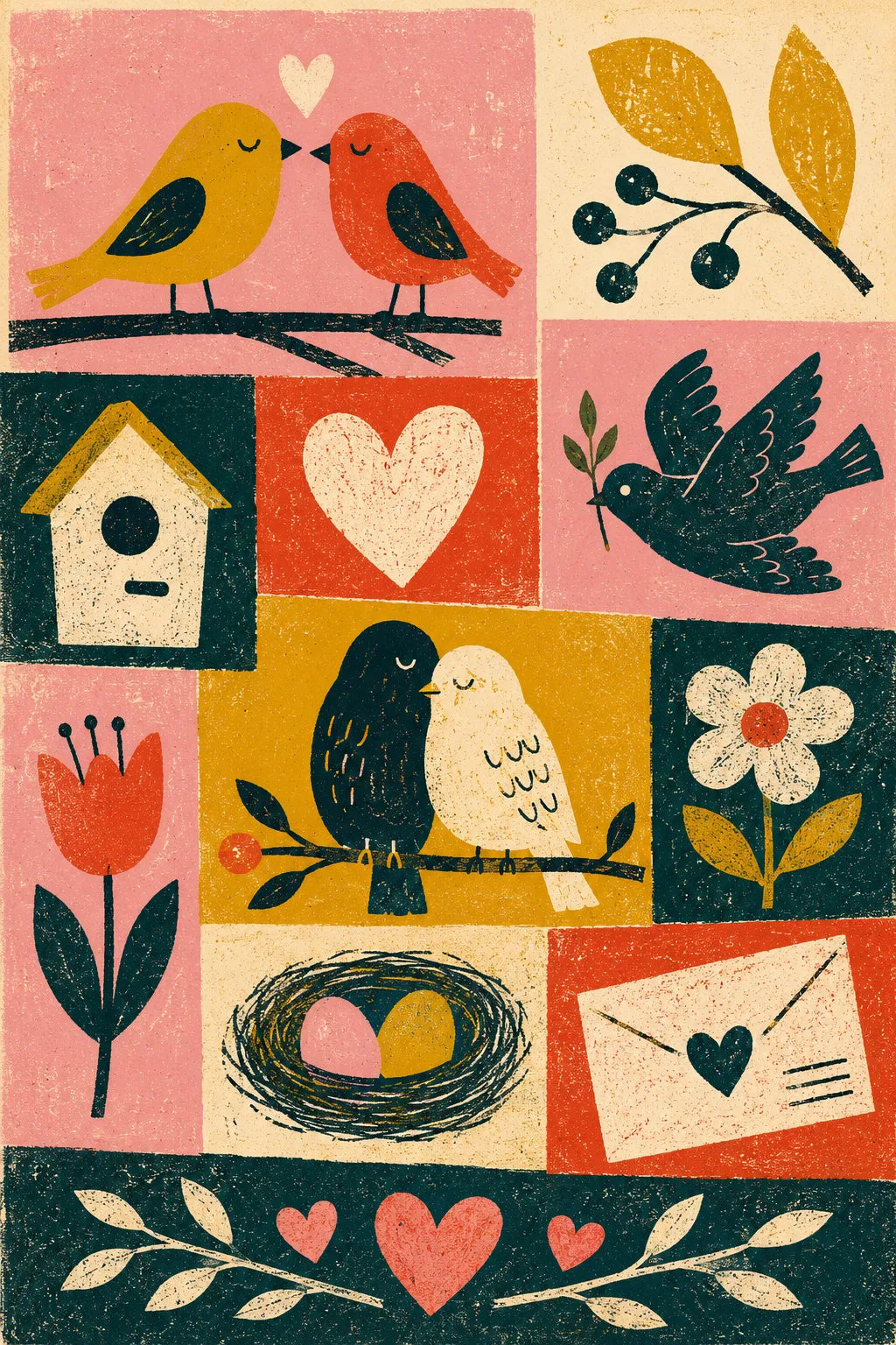 Example output from the Modular Retro Collage Posters ChatGPT prompt: a birds in love modular collage poster with simplified mid-century symbols and rich risograph print texture.