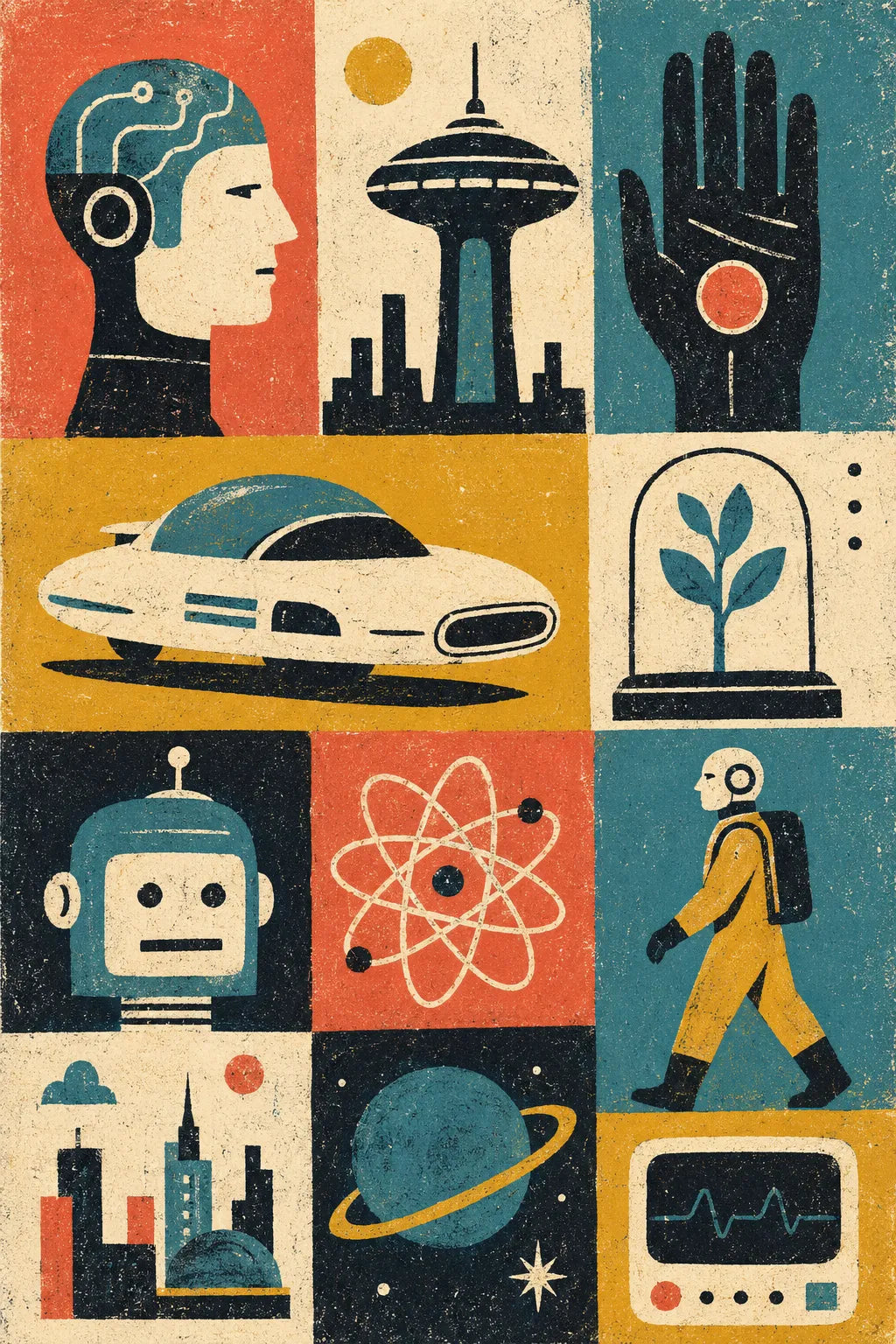 Example output from the Modular Retro Collage Posters ChatGPT prompt: a futuristic humans modular poster with a wired profile, space needle, robot, atom and planet symbols in retro print texture.