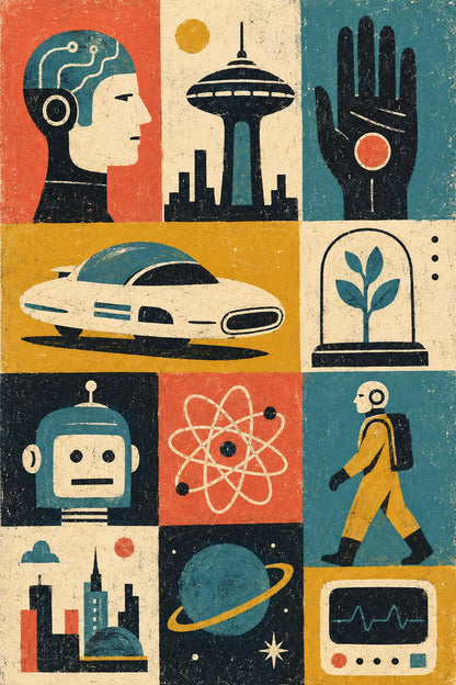 Example output from the Modular Retro Collage Posters ChatGPT prompt: a futuristic humans modular poster with a wired profile, space needle, robot, atom and planet symbols in retro print texture.