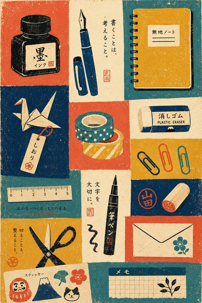 Example output from the Modular Retro Collage Posters ChatGPT prompt: a Japanese stationery modular poster with ink bottle, fountain pen, notebook, origami crane, washi tape and brush pen symbols.