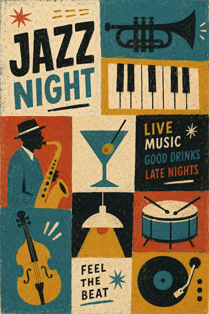 Example output from the Modular Retro Collage Posters ChatGPT prompt: a Jazz Night modular poster with saxophonist, trumpet, piano keys, double bass, martini and vinyl record symbols.