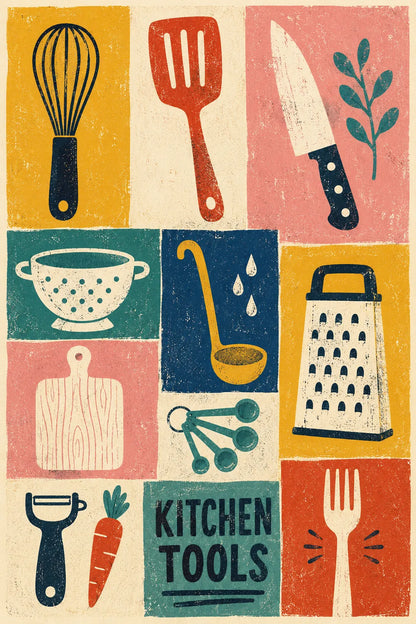 Example output from the Modular Retro Collage Posters ChatGPT prompt: a kitchen tools modular collage poster with simplified mid-century symbols and rich risograph print texture.