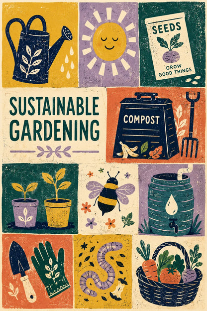 Example output from the Modular Retro Collage Posters ChatGPT prompt: a sustainable gardening modular collage poster with simplified mid-century symbols and rich risograph print texture.