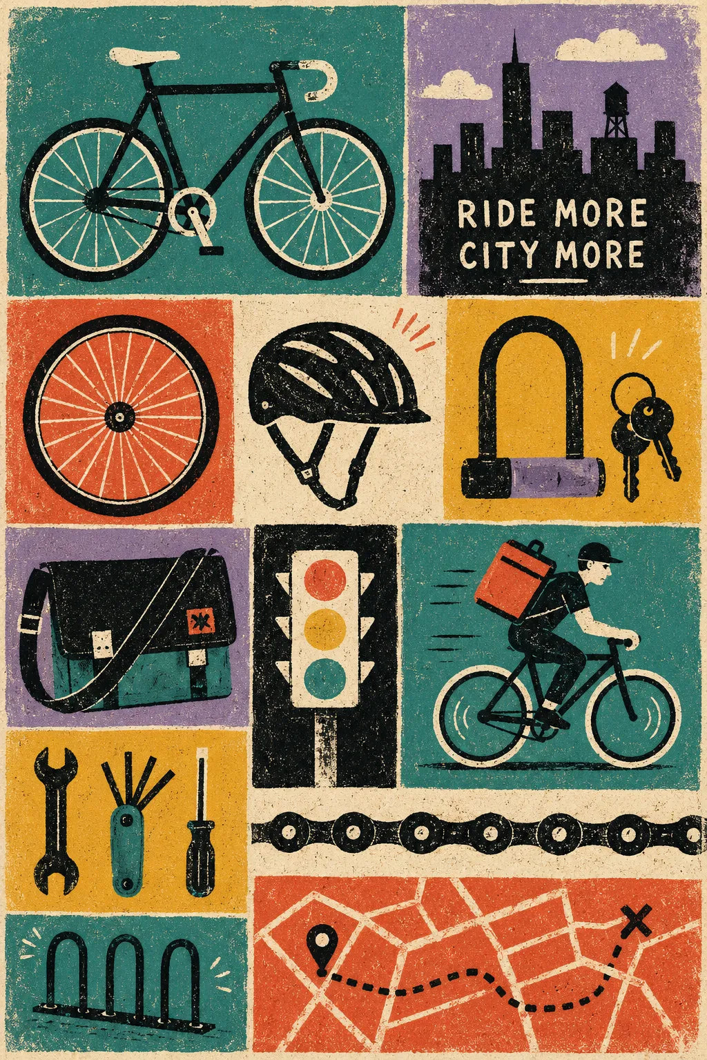 Example output from the Modular Retro Collage Posters ChatGPT prompt: an urban cycling modular poster reading Ride More City More, with bicycle, helmet, lock, traffic light and route map symbols.