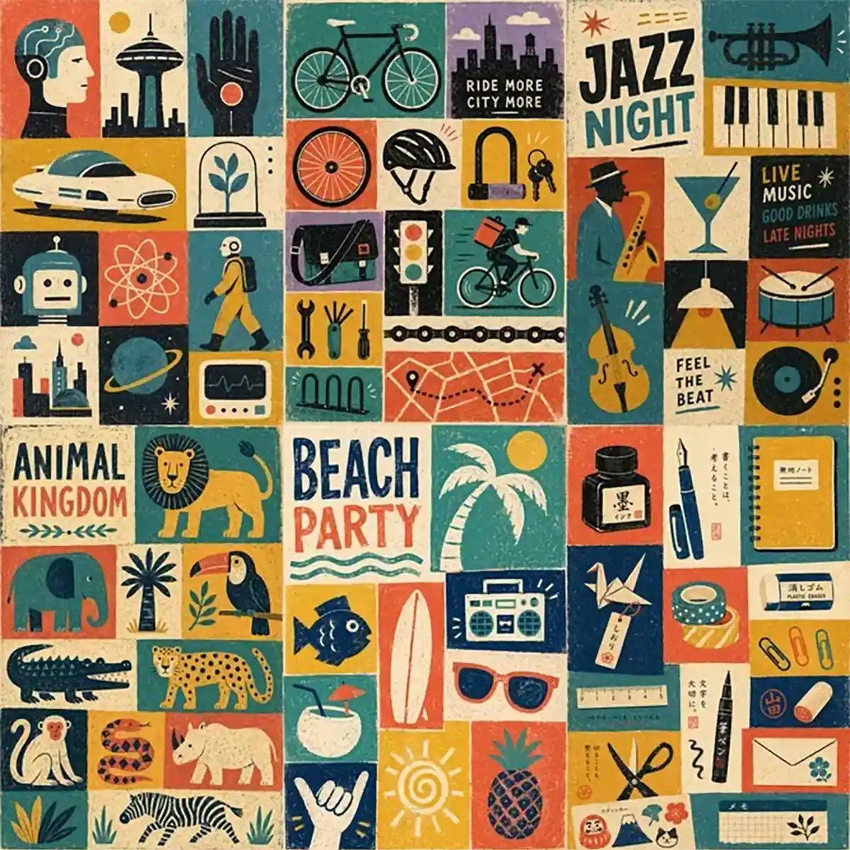 Example output from the Modular Retro Collage Posters ChatGPT prompt: six modular grid posters of simplified mid-century symbols with printed texture, covering futuristic humans, urban cycling, jazz night, animal kingdom, beach party and Japanese stationery.