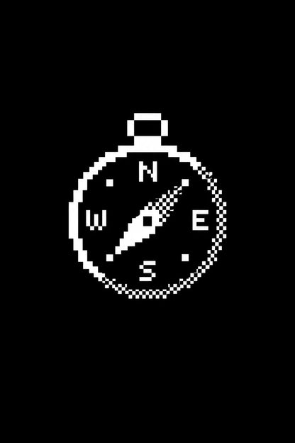 Example output from the Monochrome 1 Bit Pixel Icons ChatGPT prompt: a 1-bit pixel icon of a compass with cardinal points, in white on black with dithered shading.