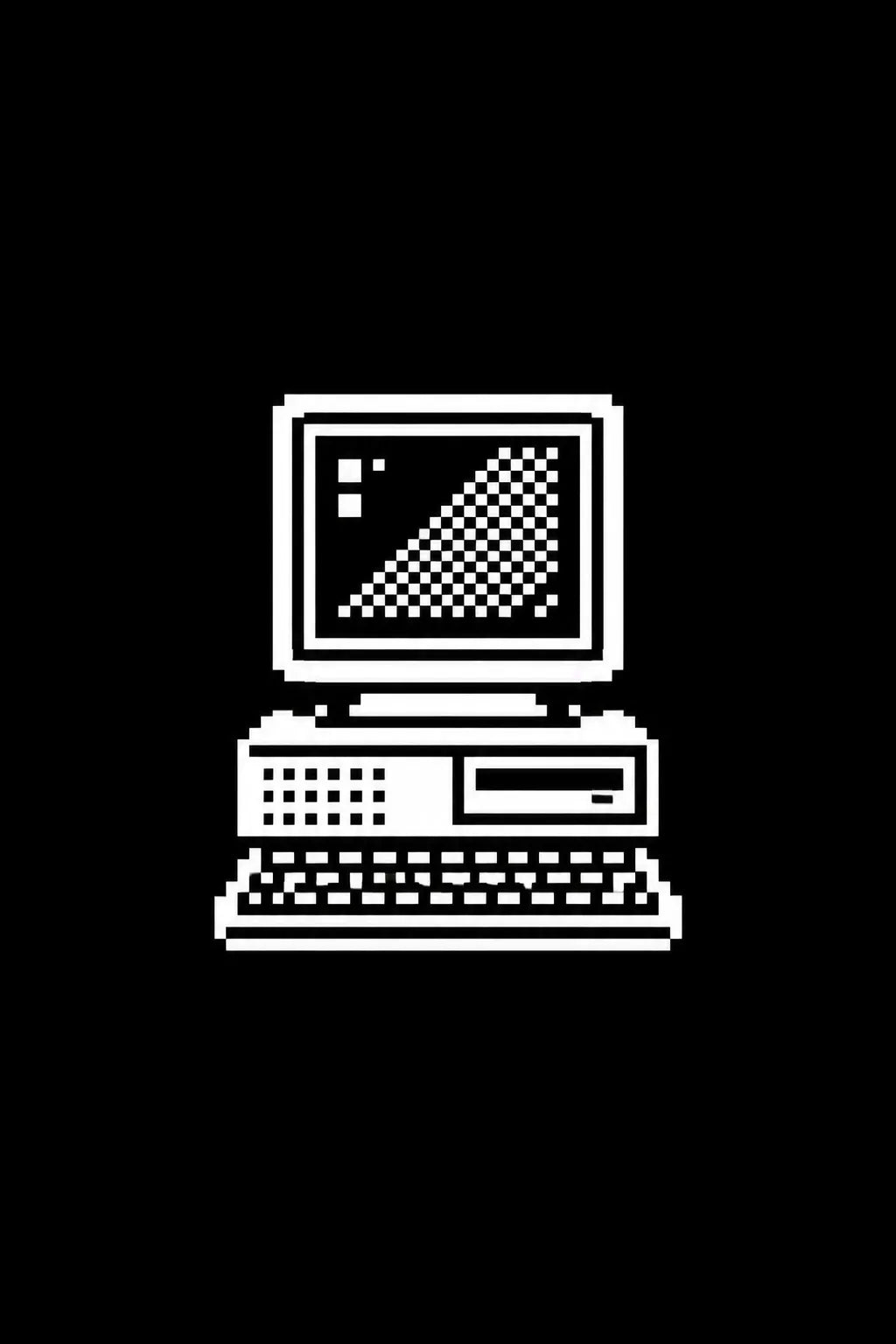 Example output from the Monochrome 1 Bit Pixel Icons ChatGPT prompt: a 1-bit pixel icon of a retro desktop computer with keyboard, in white on black with dithered shading.