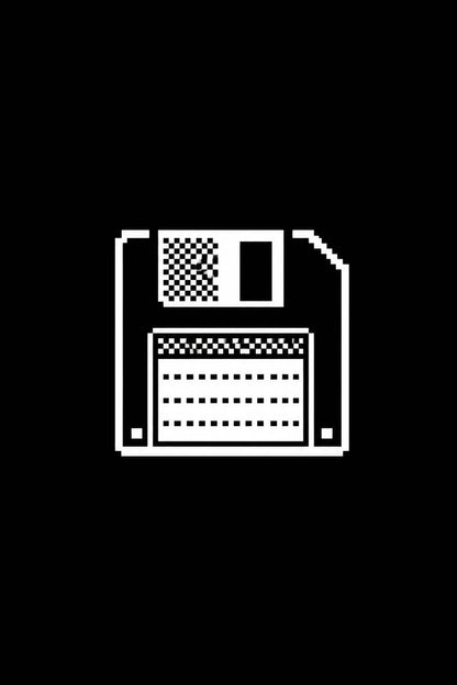 Example output from the Monochrome 1 Bit Pixel Icons ChatGPT prompt: a 1-bit pixel icon of a floppy disk, in white on black with dithered shading.
