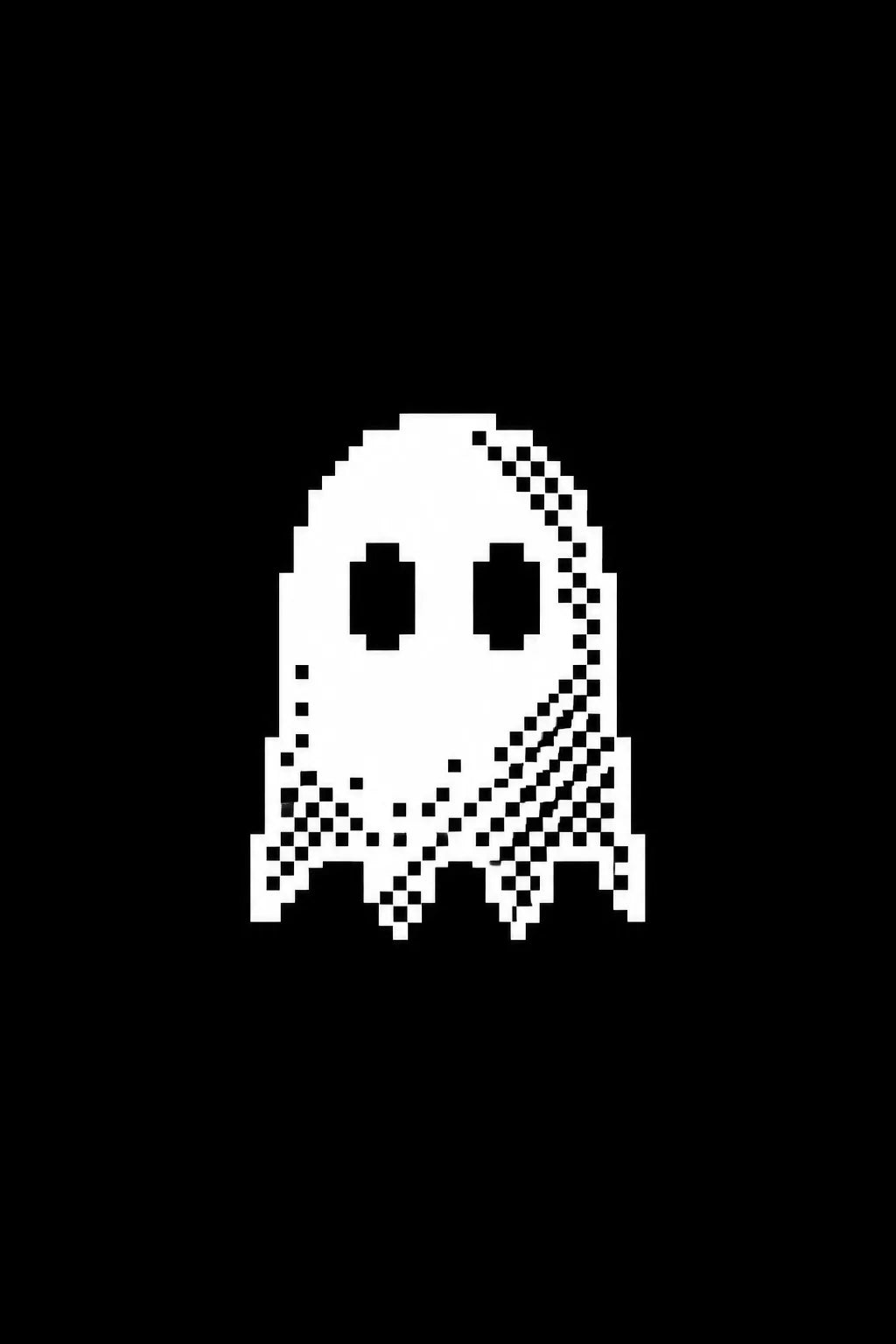 Example output from the Monochrome 1 Bit Pixel Icons ChatGPT prompt: a 1-bit pixel icon of a ghost with a dithered tattered edge, in white on black.