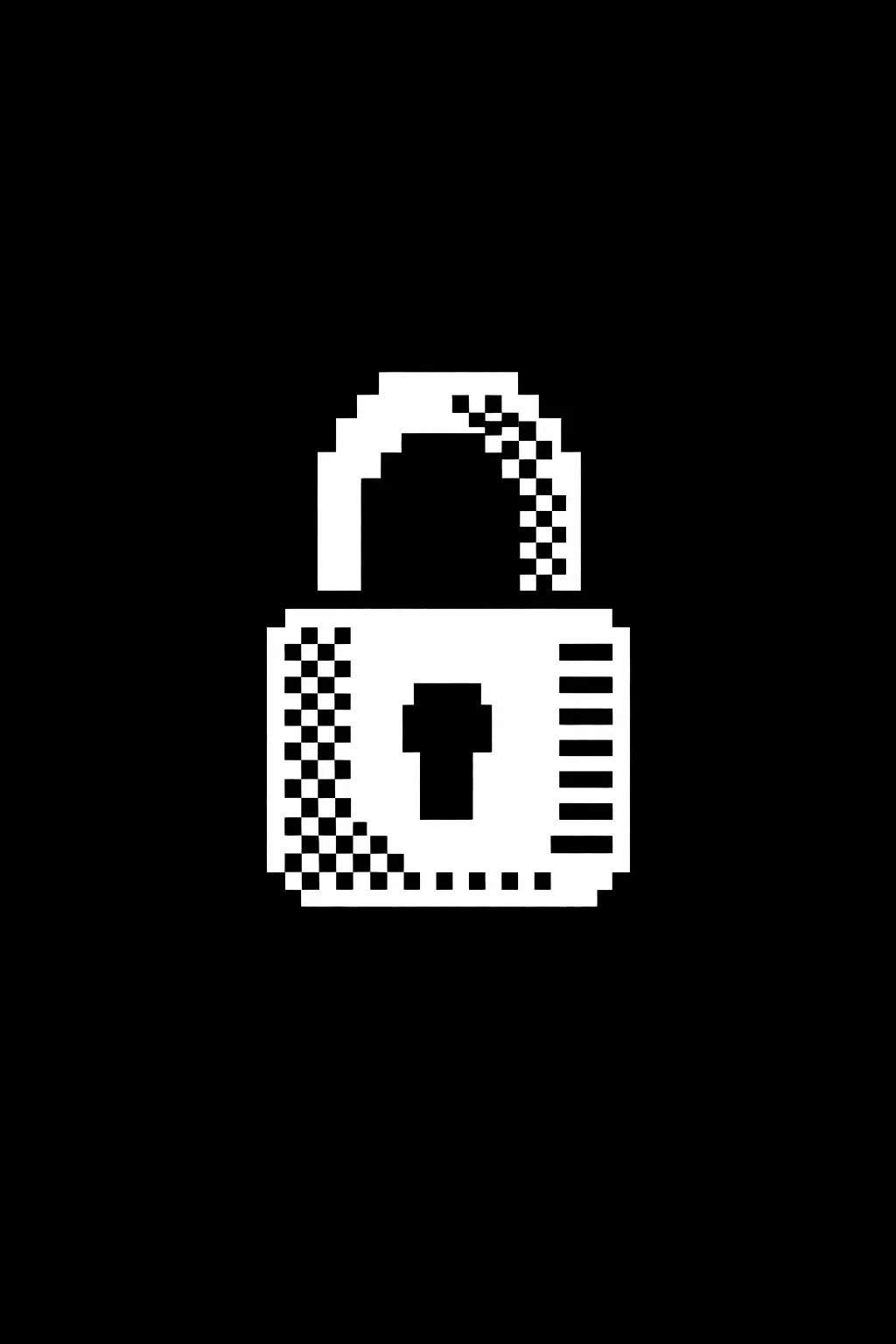Example output from the Monochrome 1 Bit Pixel Icons ChatGPT prompt: a 1-bit pixel icon of a closed padlock, in white on black with dithered shading.