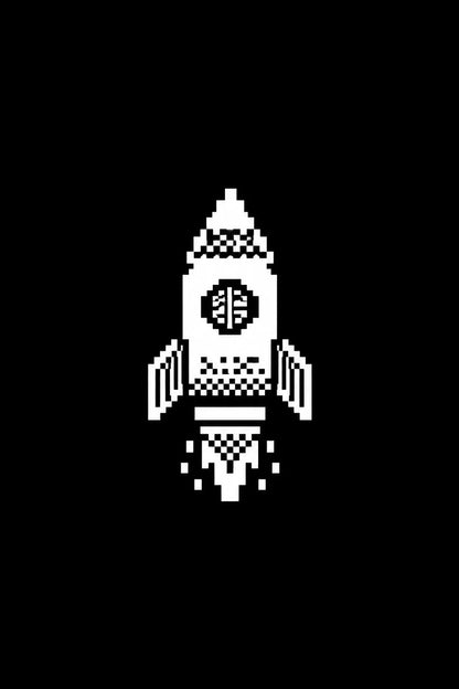 Example output from the Monochrome 1 Bit Pixel Icons ChatGPT prompt: a 1-bit pixel icon of a rocket with exhaust flames, in white on black with dithered shading.