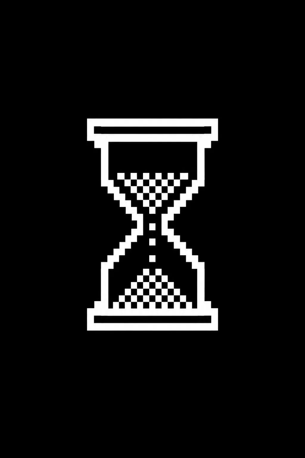 Example output from the Monochrome 1 Bit Pixel Icons ChatGPT prompt: a 1-bit pixel icon of an hourglass sand clock, in white on black with dithered shading.