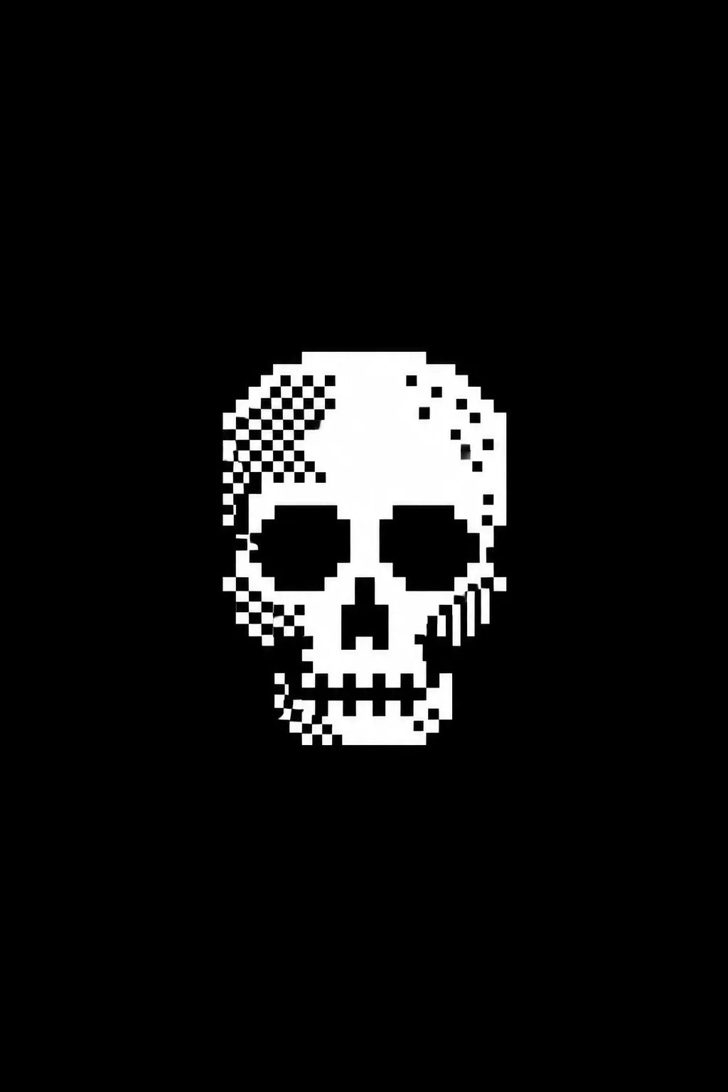 Example output from the Monochrome 1 Bit Pixel Icons ChatGPT prompt: a 1-bit pixel icon of a human skull with dithered shading, in white on black.