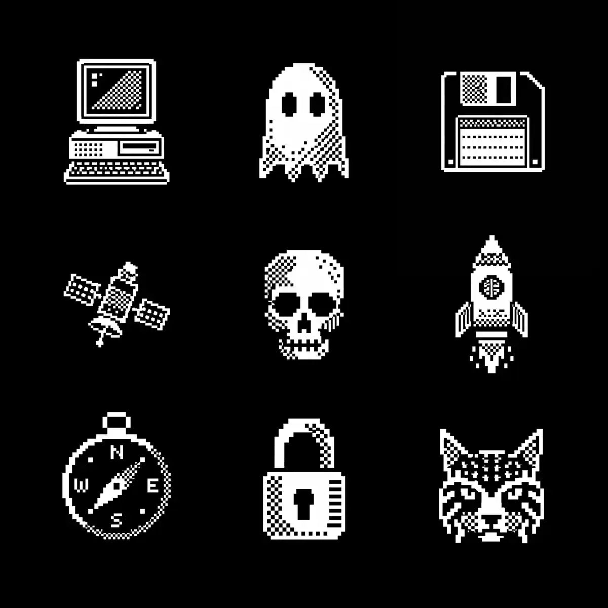 Example output from the Monochrome 1 Bit Pixel Icons ChatGPT prompt: a nine-icon grid of white 1-bit pixel icons on black, showing a retro computer, ghost, floppy disk, satellite, skull, rocket, compass, padlock and wildcat.