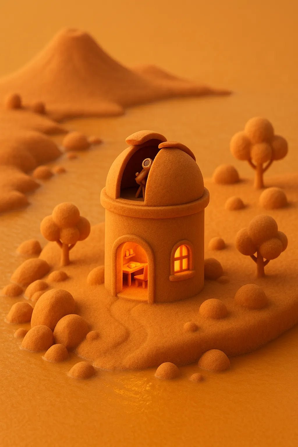 Example output from the Monochrome Mini World Builder ChatGPT prompt: miniature 3D Orange town.