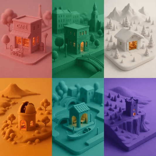 Example output from the Monochrome Mini World Builder ChatGPT prompt: miniature 3D towns in soft single-tone palettes, with cafés, observatories, libraries, and castles highlighted in warm window glow amidst stylized snow, forest, and urban landscapes.