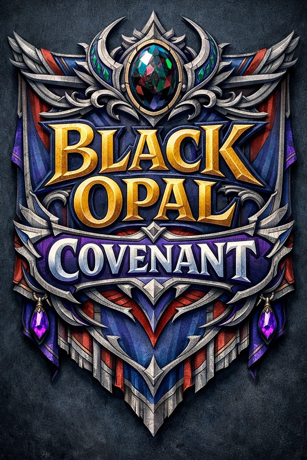 Fantasy-style mythic banner text emblem with ornate crests, gemstones, and heroic typography: Black Opal Covenant 