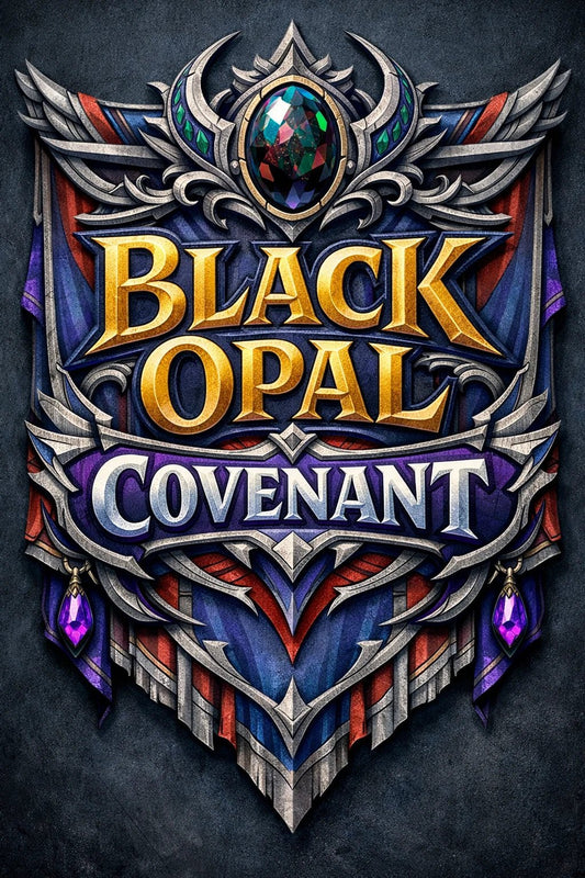 Fantasy-style mythic banner text emblem with ornate crests, gemstones, and heroic typography: Black Opal Covenant 