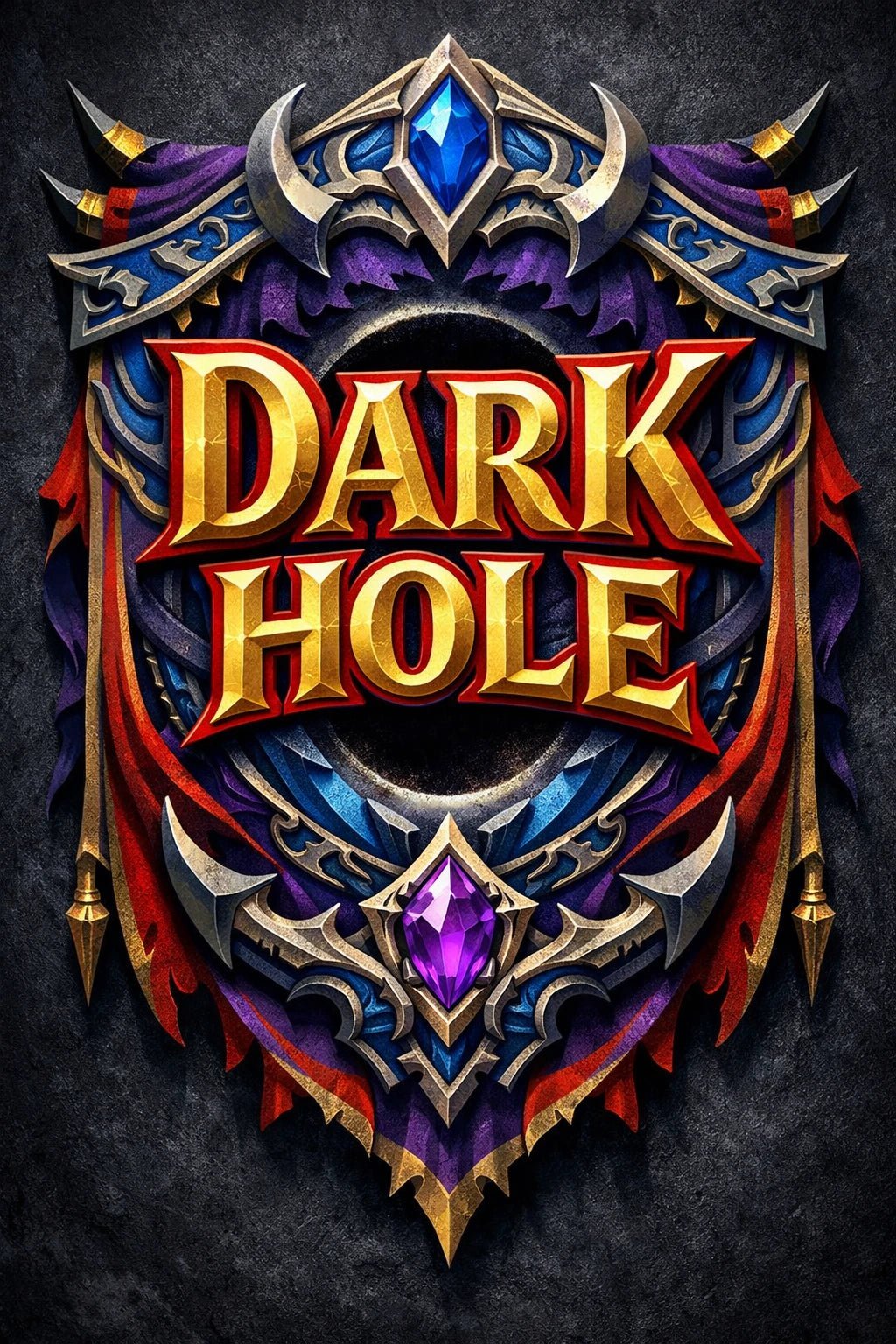 Fantasy-style mythic banner text emblem with ornate crests, gemstones, and heroic typography: Dark Hole