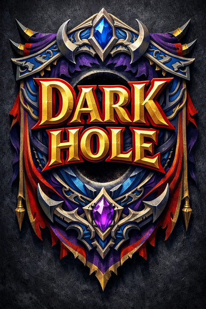 Fantasy-style mythic banner text emblem with ornate crests, gemstones, and heroic typography: Dark Hole