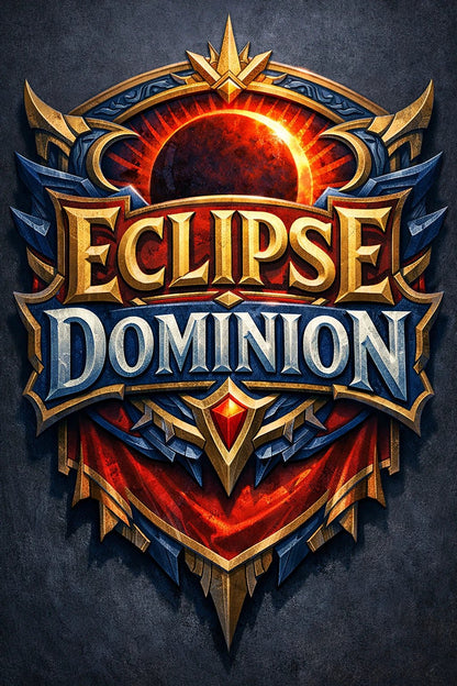 Fantasy-style mythic banner text emblem with ornate crests, gemstones, and heroic typography: Eclipse Dominion