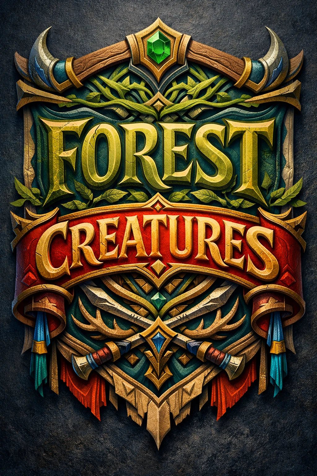Fantasy-style mythic banner text emblem with ornate crests, gemstones, and heroic typography: Forest Creatures